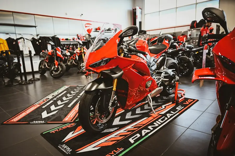 Red motorcycle in a showroom